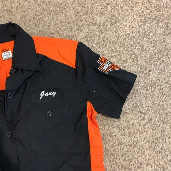 Vtg Harley Davidson genuine work wear button up orange black sexy work shirt XS - Picture 2 of 6